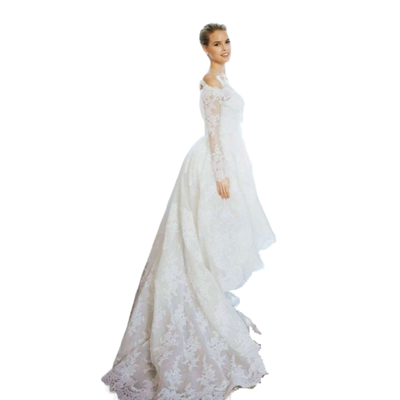 Vintage High Low Lace A Line Wedding Dresses Long Sleeves Backless Sexy Bridal Gowns Court Train Back Elegant Bride Dress