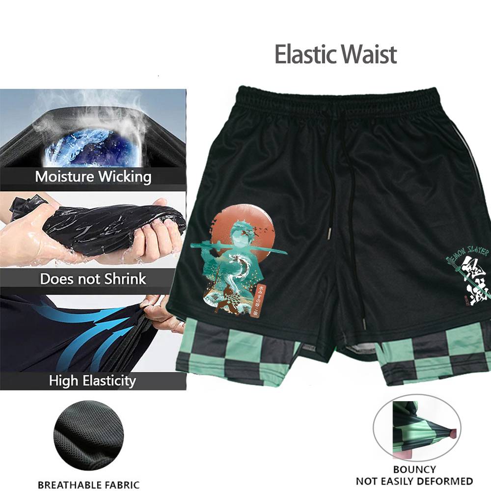 Men's Shorts Kimetsu no Yaiba Demon Slayer Anime Gym Shorts Men Women Kawaii Manga Cartoon Print 2 In1 Performance Shorts to Workout Summer 23081