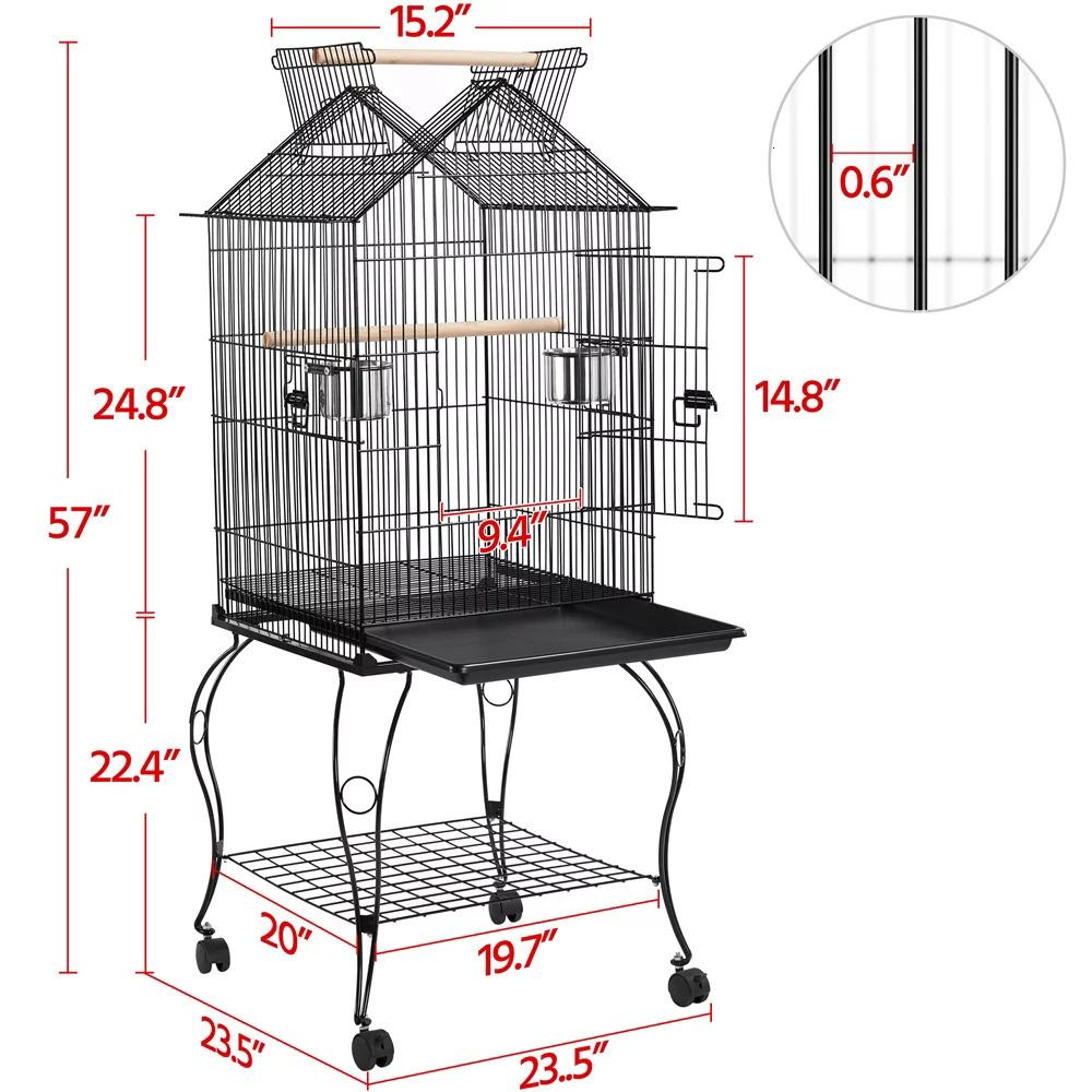 Bird Cages 57" Rolling Metal Parrot Cage with Open Top Black Durable Sturdy HeavyDuty Safe 263 Lb 230816