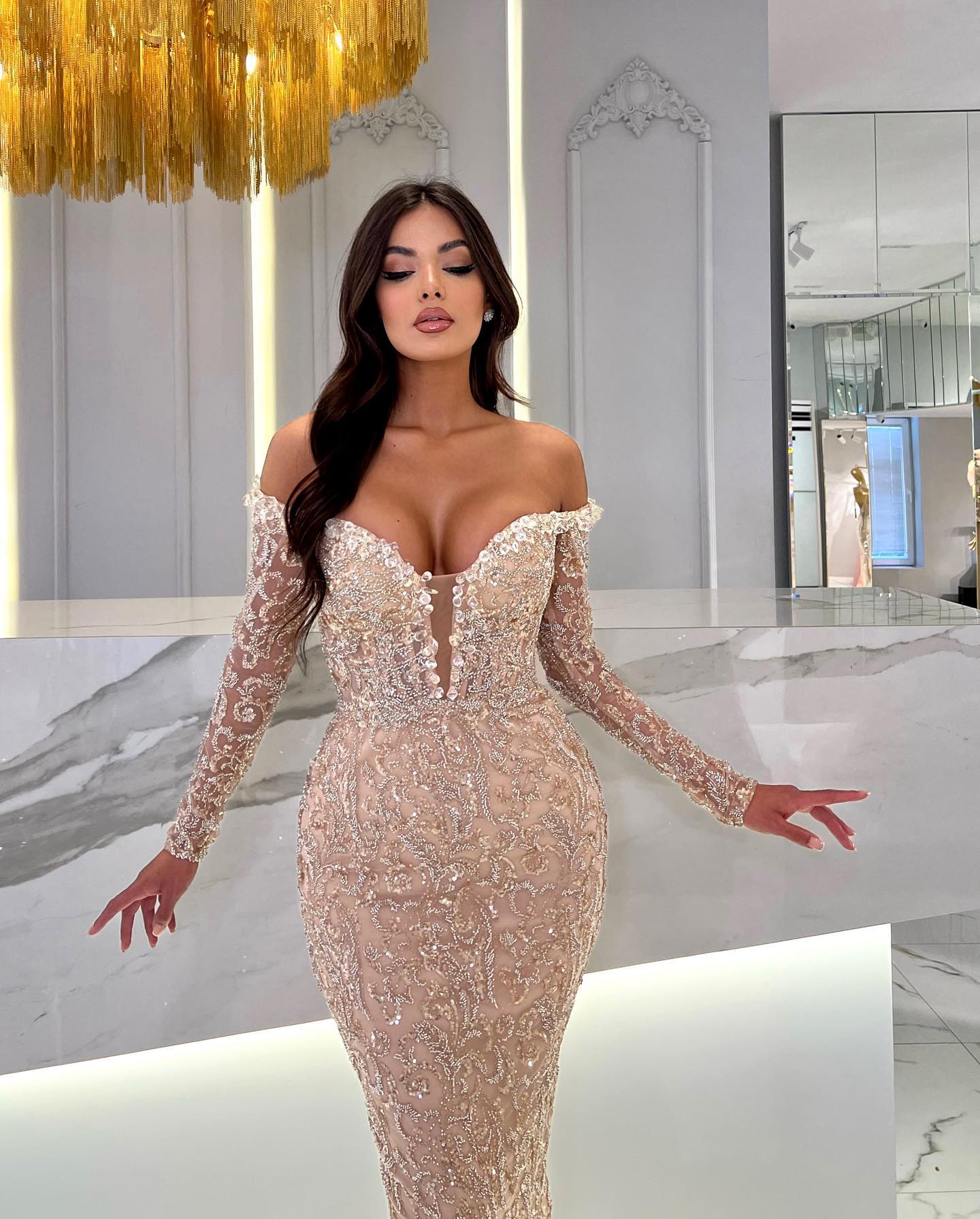 Elegant Champagne Mermaid Evening Dresses Off Shoulder Sequins Lace Party Prom Long Dress For Special Ocn Lz0304