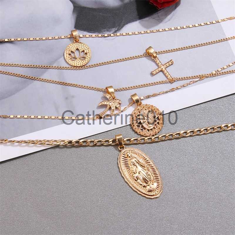 Pendant Necklaces Bohemian Multi-layer Pendant Necklace for Women Vintage Coco Cross Lotus Virgin Mary Collar Choker Bead Chain Jewelry Gift J230817