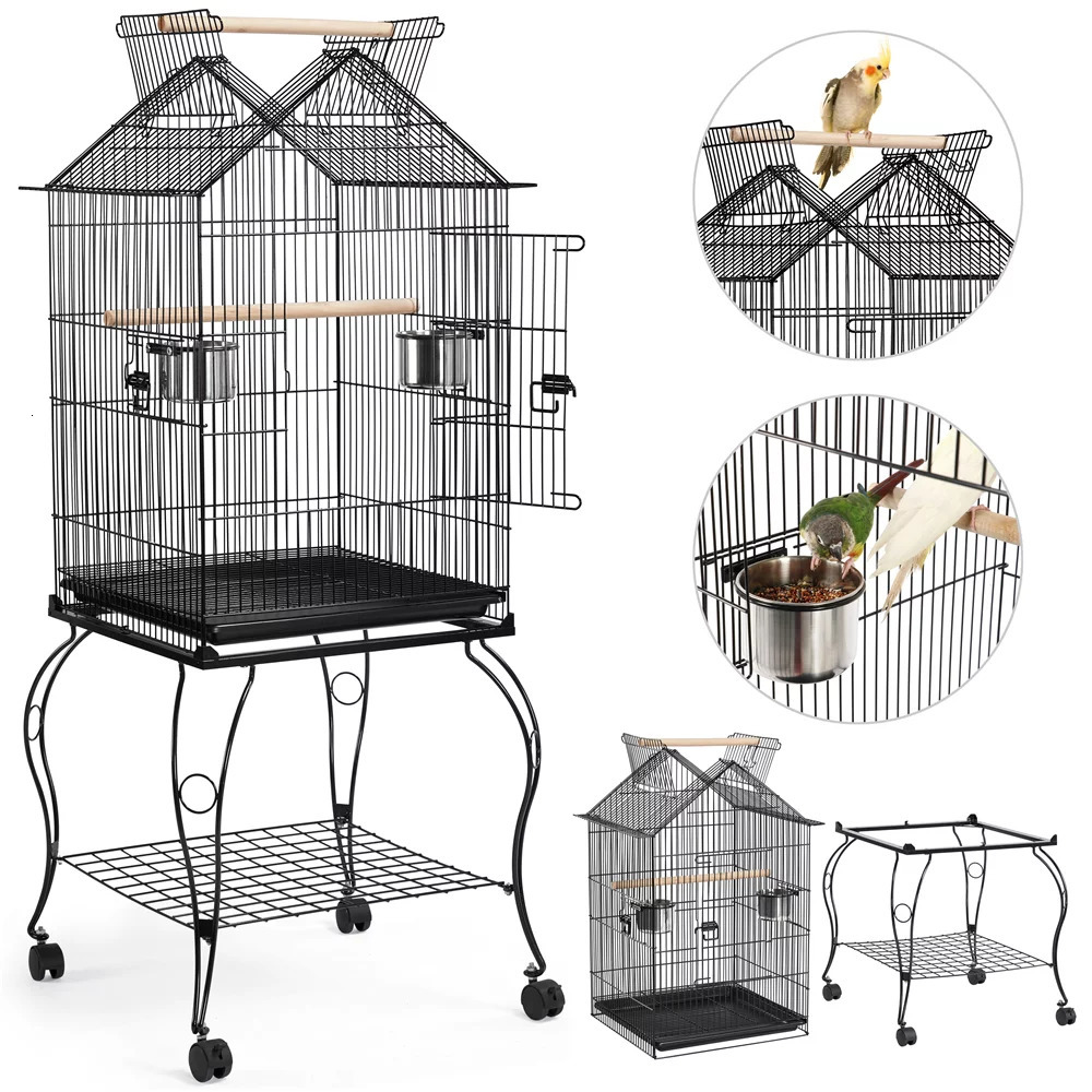 Bird Cages 57" Rolling Metal Parrot Cage with Open Top Black Durable Sturdy HeavyDuty Safe 263 Lb 230816