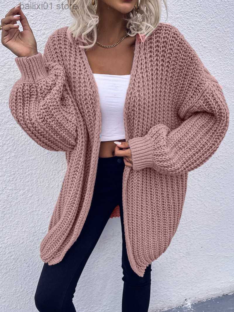 Women's Sweaters Women Loose Cardigan Lantern Sleeve v-neck full sleevel autumn winter spring knitted sweater solid grey black brown pink coat T2