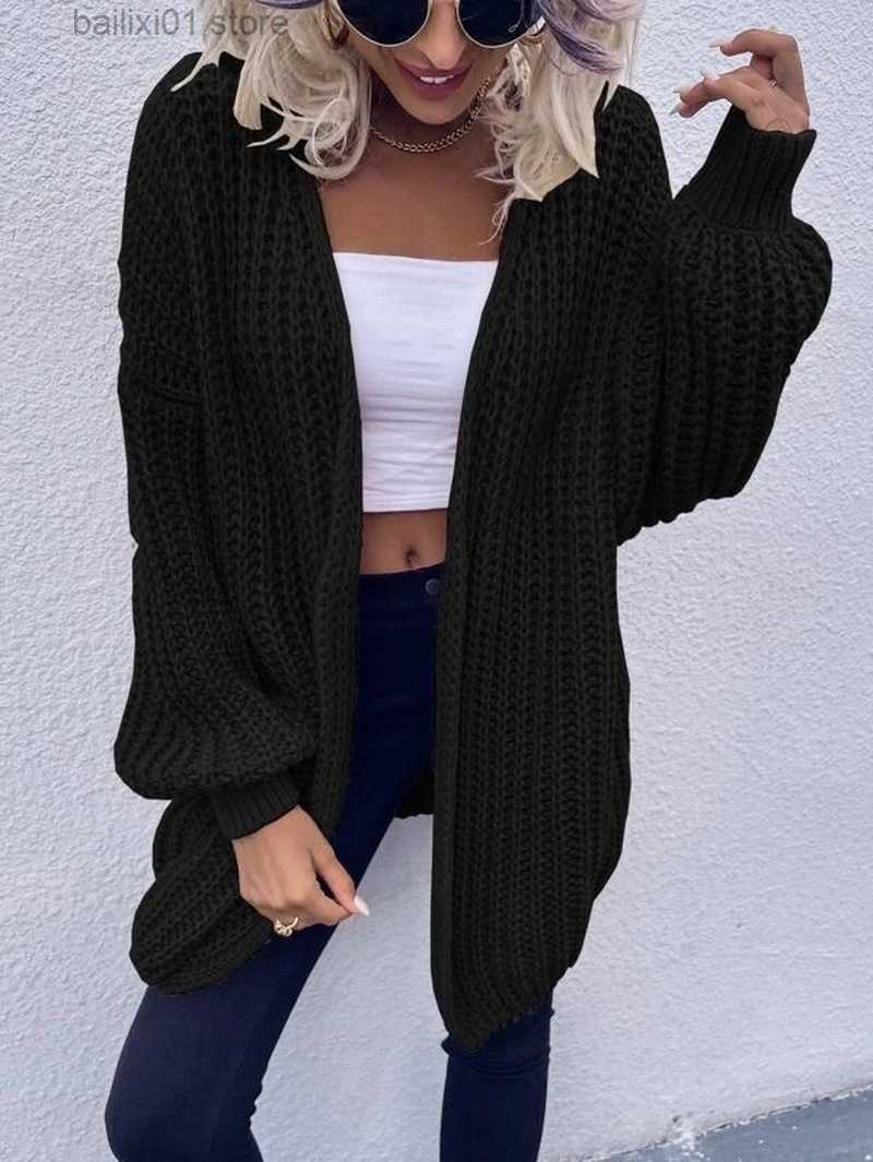 Women's Sweaters Women Loose Cardigan Lantern Sleeve v-neck full sleevel autumn winter spring knitted sweater solid grey black brown pink coat T2