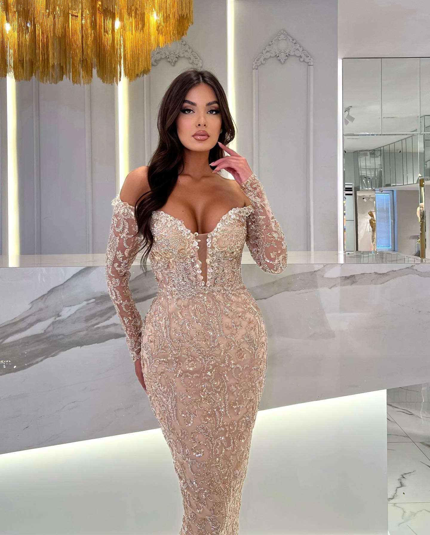 Elegant Champagne Mermaid Evening Dresses Off Shoulder Sequins Lace Party Prom Long Dress For Special Ocn Lz0304