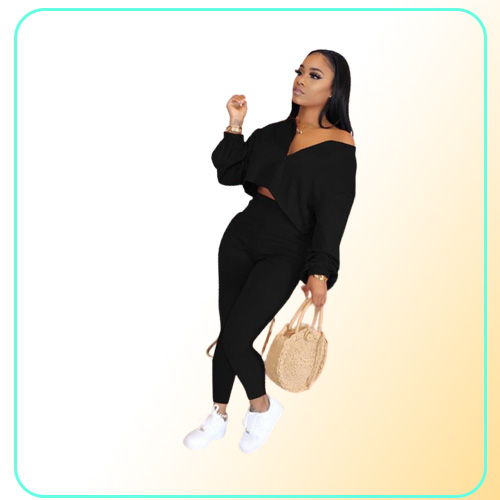 Women039s Two Piece Pants Fashion Casual 2 Sets Womens Outfits V Neck Solid Color Zipper Design Plus Size Fall Pantalones