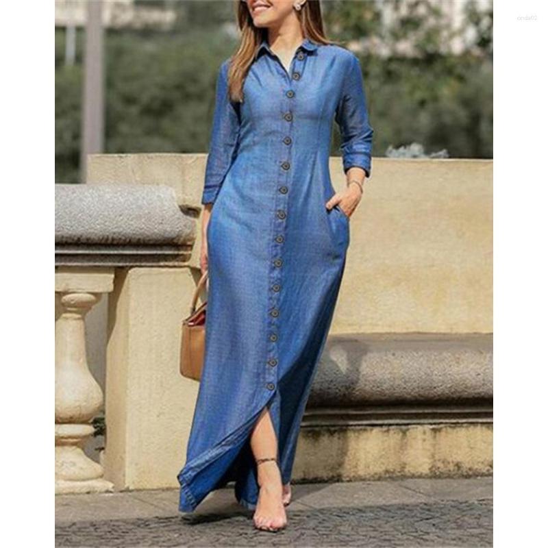 Casual Dresses 2023 Autumn Women Long Sleeve Maxi Denim Dress Fashion Button Down Shirt Femme Turn-down Collar Lady Wear