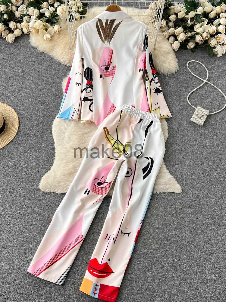 Women's Two Piece Pants Retro Fashion Abstract Printing BlazerPants Two Piece Set Women outfits Professional Long Sleeve Jacket Trousers Suits Fe