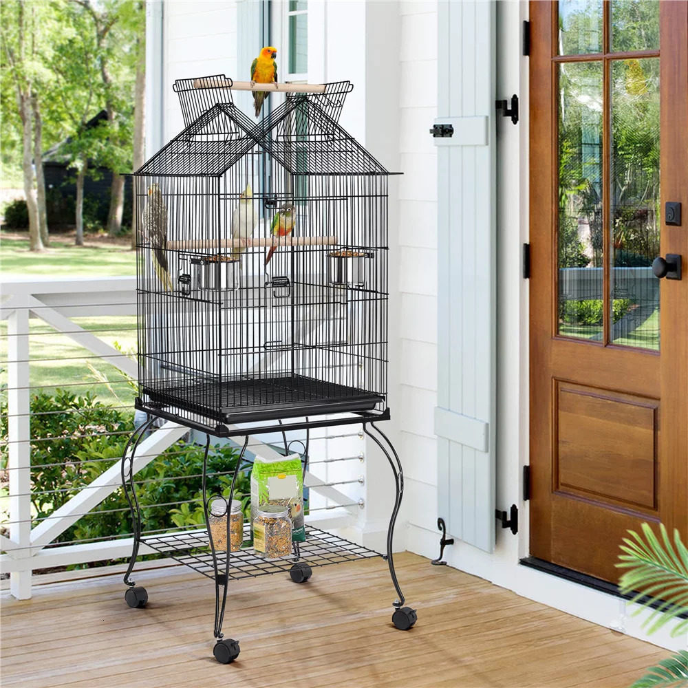 Bird Cages 57" Rolling Metal Parrot Cage with Open Top Black Durable Sturdy HeavyDuty Safe 263 Lb 230816