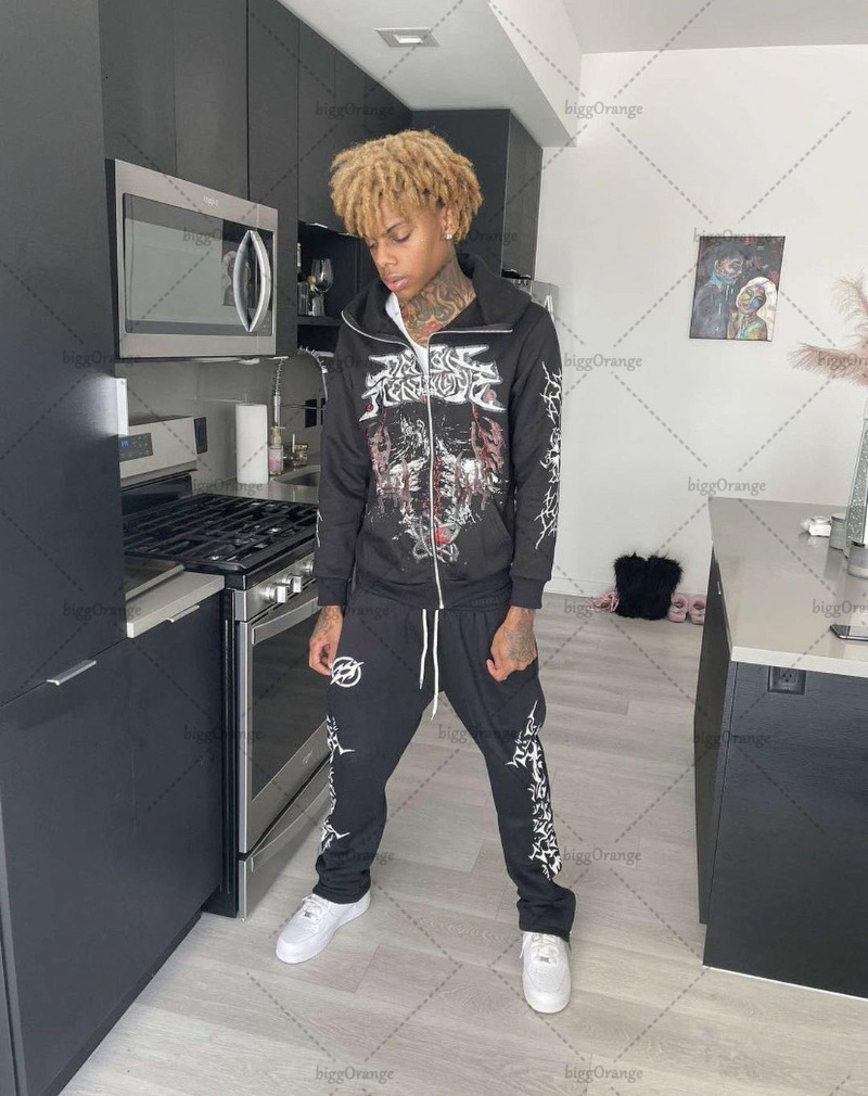 Men's Hoodies Sweatshirts Harajuku Hip Hop Print Oversized Hoodie Men American High Street Rock Retro Casual Loose Y2K Zipper Sweater Women 23081