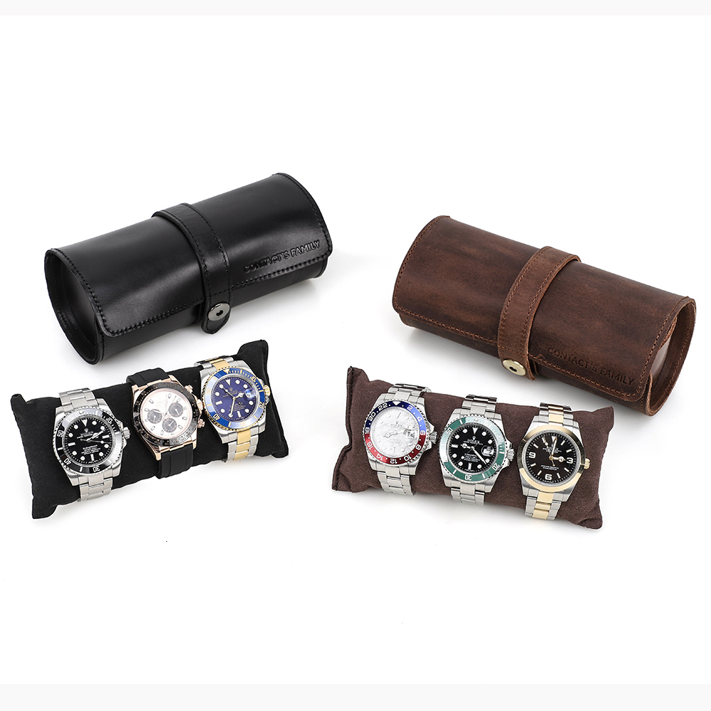 Watch Boxes Cases CONTACT'S FAMILY Watch Roll Travel Case Portable Vintage Cow Leather Display Watch Storage Box with Slid in Out Watch Organizer