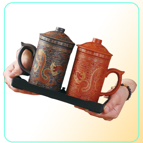 Traditional Chinese Dragon Purple Clay Mug with Lid Strainer Retro Handmade Yixing Cup Zisha cup Gift Mug Tumbler 210827468432