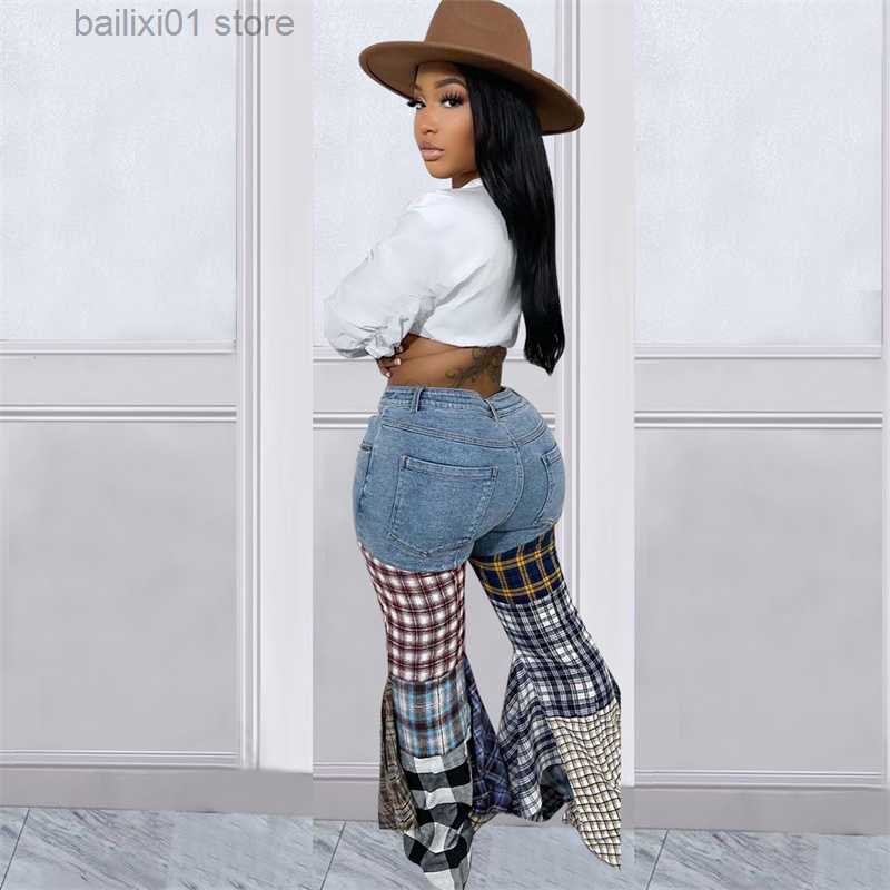 Women's Pants Capris Plaid Patchwork Ruffle Jeans Flare Pants Women High Waist Button Fly Slim Boot Cut Denim Trousers Fashion Streetwear T230817