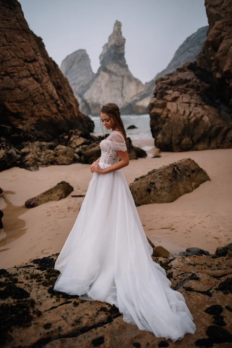 High Slit Beach Tulle Wedding Dresses Of The Shoulder Sweetheart Neck Lace Appliques Long Bohemian Bridal Gown Summer Vestido De Novia