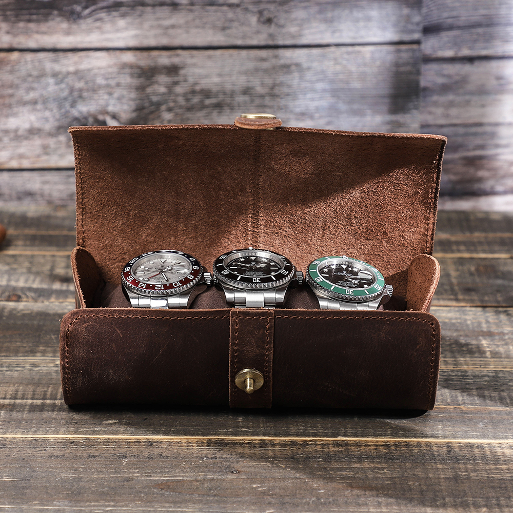 Watch Boxes Cases CONTACT'S FAMILY Watch Roll Travel Case Portable Vintage Cow Leather Display Watch Storage Box with Slid in Out Watch Organizer