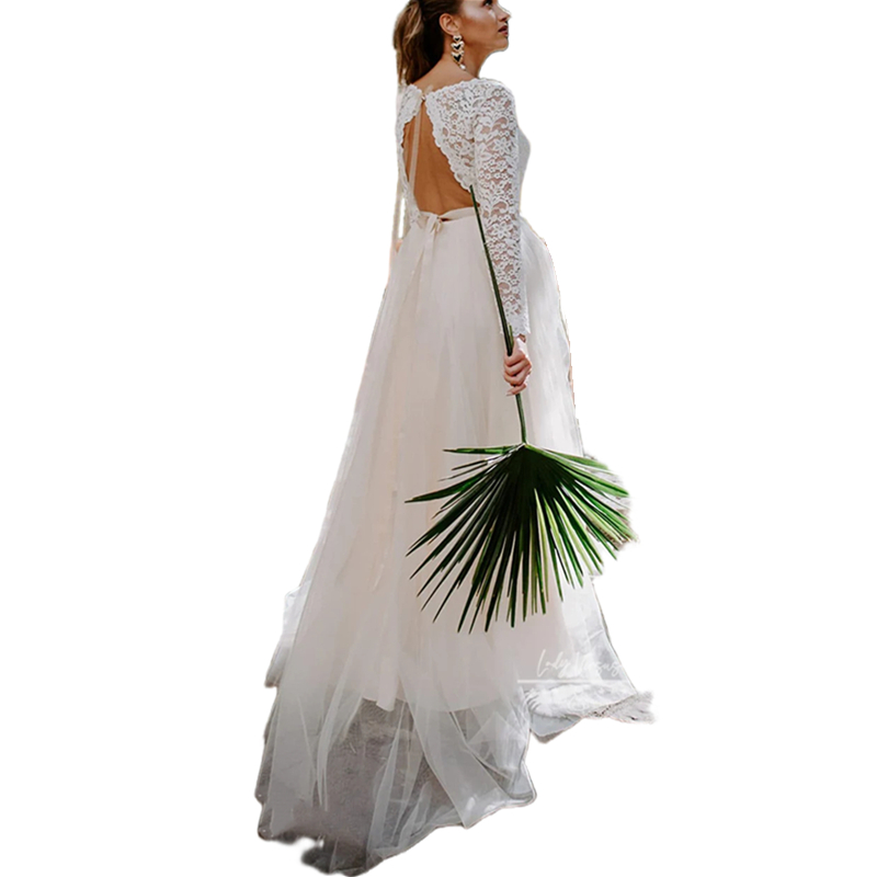 Sexy Backless Beach Wedding Dresses Long Sleeves Lace And Tulle Bohemian A Line Bridal Gowns Sweep Train Country Vestido De Novia