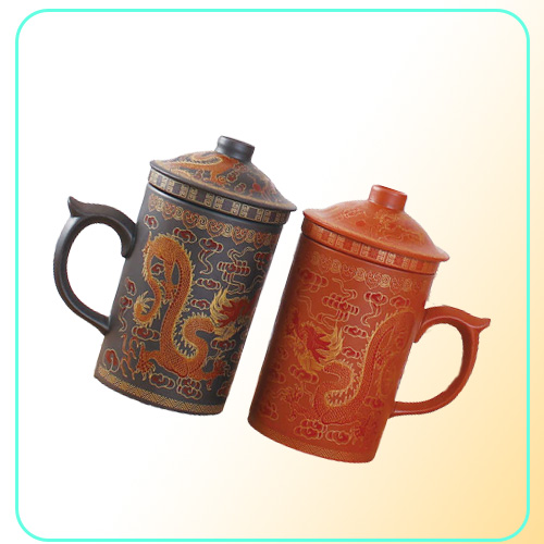 Traditional Chinese Dragon Purple Clay Mug with Lid Strainer Retro Handmade Yixing Cup Zisha cup Gift Mug Tumbler 210827468432