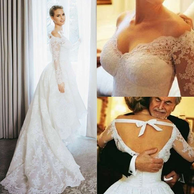Vintage High Low Lace A Line Wedding Dresses Long Sleeves Backless Sexy Bridal Gowns Court Train Back Elegant Bride Dress