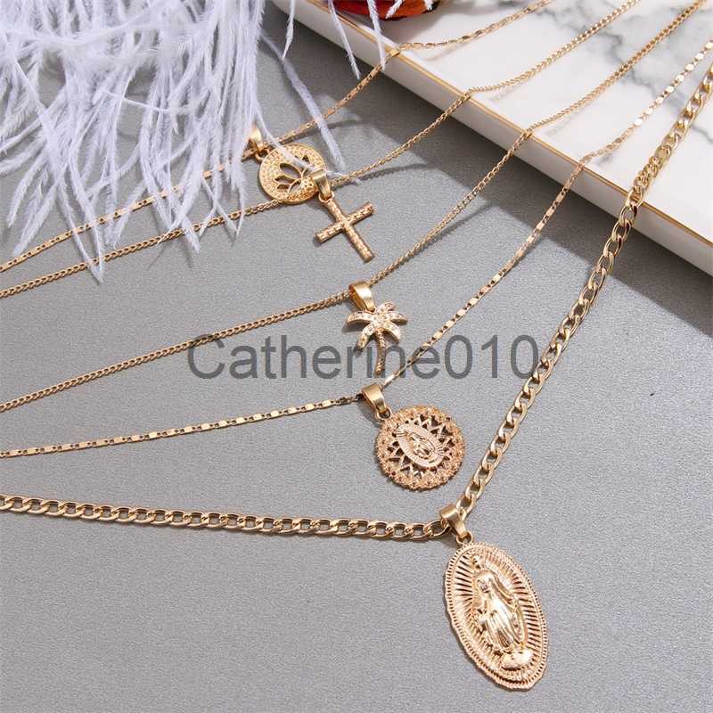 Pendant Necklaces Bohemian Multi-layer Pendant Necklace for Women Vintage Coco Cross Lotus Virgin Mary Collar Choker Bead Chain Jewelry Gift J230817