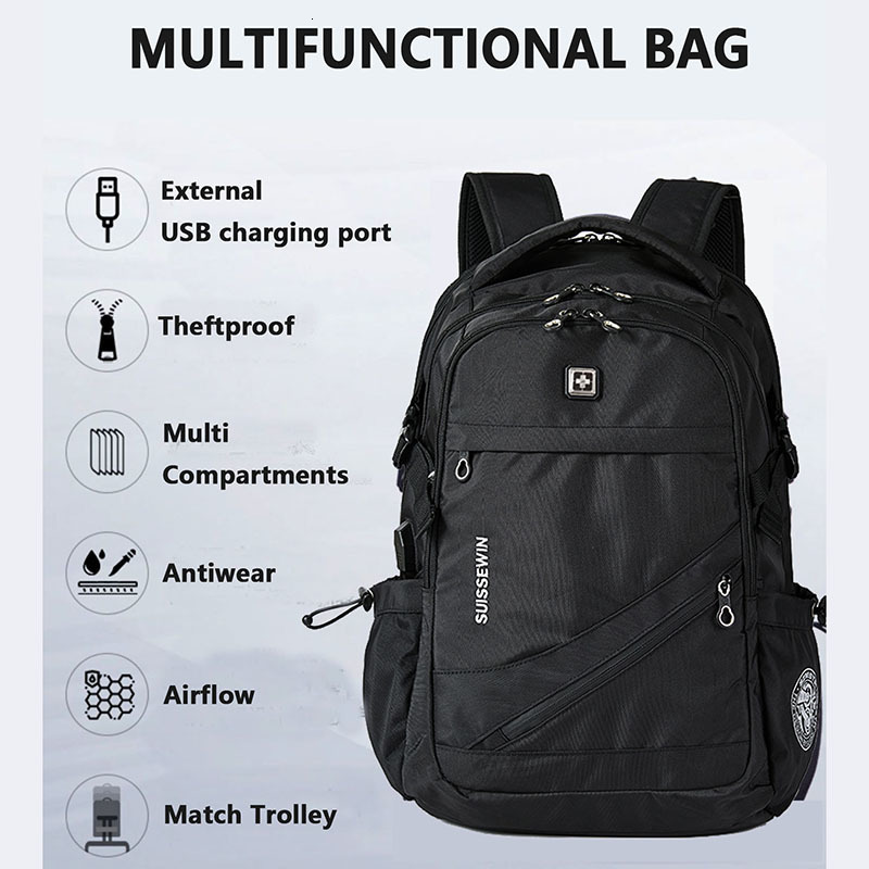 School Bags SwissMultifunctional Durable 17 Inch Laptop Backpack 45L Larger Capacity Travel Bag USB Charging Port Water Resistant Mochila 230817