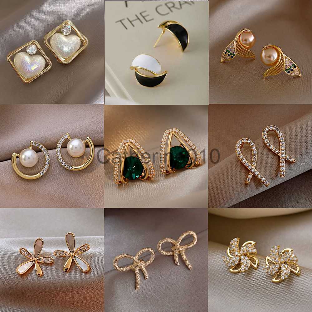 Charm Exquisite Gold Color Geometric Green Zircon Earrfor Women Double Layer Ear Studs Classic Small Stud EarrWeddJewelry J230817