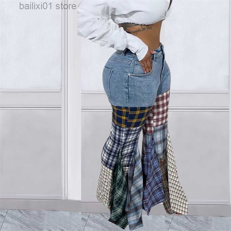 Women's Pants Capris Plaid Patchwork Ruffle Jeans Flare Pants Women High Waist Button Fly Slim Boot Cut Denim Trousers Fashion Streetwear T230817