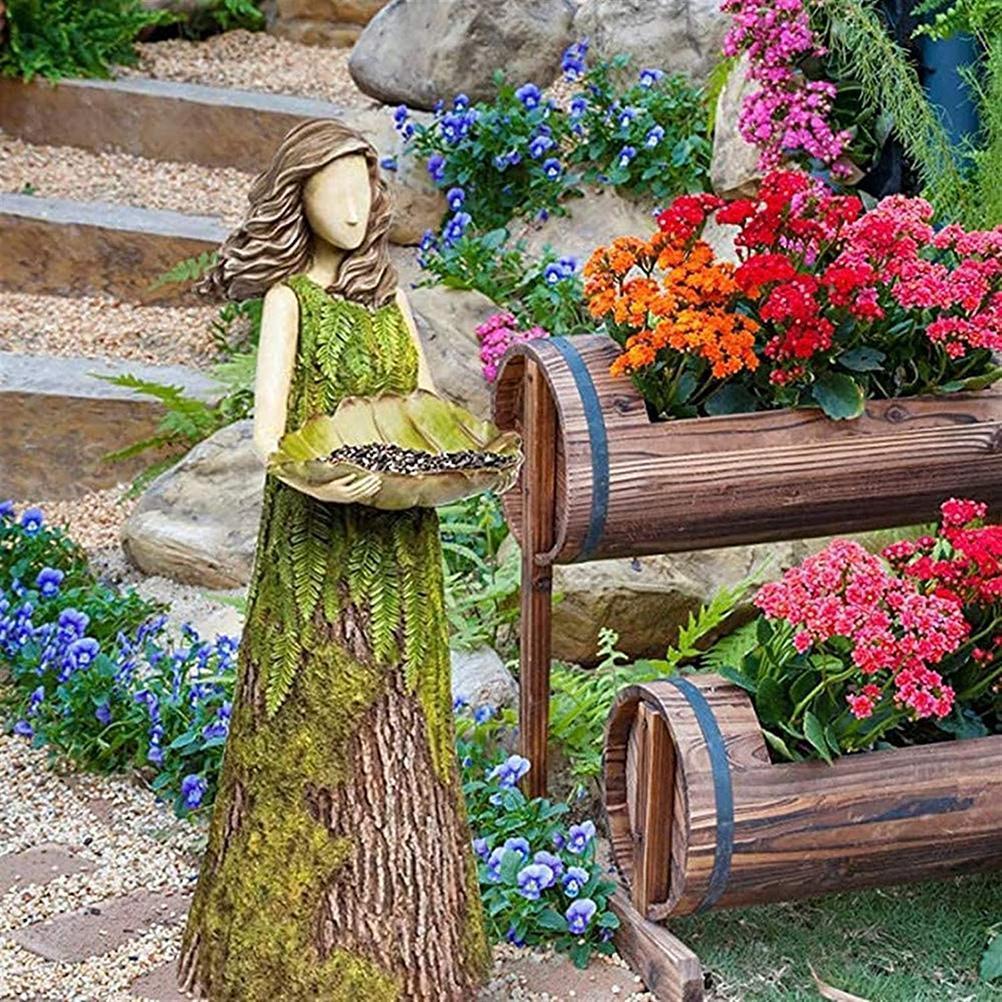 Garden Decorations Fairy Statue with Bird Feeder Lawn Resin Ornaments Art Sculptures for Outdoor Decoration 230816