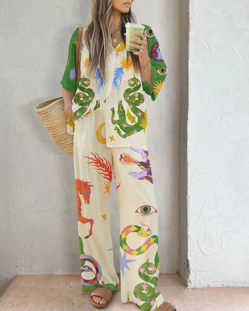 Womens Two Piece Pants Cotton Linen Print Shirt Top Wide Pant 2 Pieces Sets Women Casual Single Breasted Elastic Waist Leg Trousers Set Outfit 230817