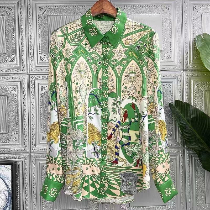 Green Ral Printed Lapel Long Sleeve Casual Shirt Women Blouse Polyester Imitation Silk Blouses 2024 Fall Fashion Tops