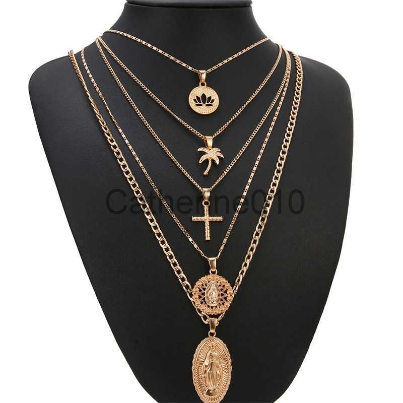Pendant Necklaces Bohemian Multi-layer Pendant Necklace for Women Vintage Coco Cross Lotus Virgin Mary Collar Choker Bead Chain Jewelry Gift J230817