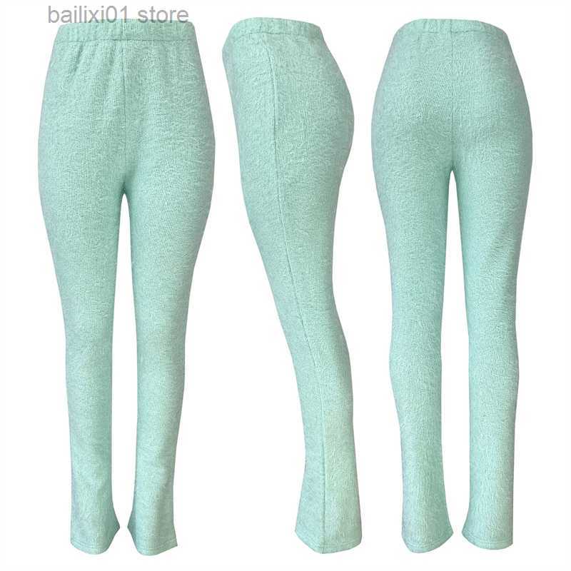 Women's Pants Capris Solid Fuzzy Knitted Flare Pants 2023 Spring Women Elastic High Waist Slim Stacked Trousers Fashion Casual Streetwear T230817