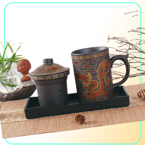 Traditional Chinese Dragon Purple Clay Mug with Lid Strainer Retro Handmade Yixing Cup Zisha cup Gift Mug Tumbler 210827468432
