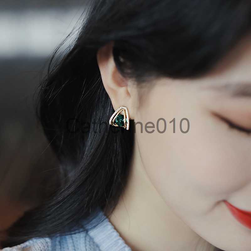 Charm Exquisite Gold Color Geometric Green Zircon Earrfor Women Double Layer Ear Studs Classic Small Stud EarrWeddJewelry J230817