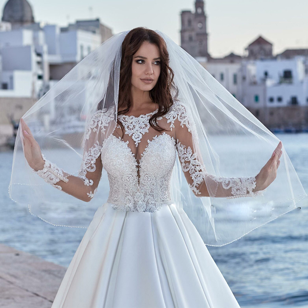 Beading Dress Illusion Long Sleeves Appliques Satin Bridal A Line Robe Mariage Wedding Gown For Bride 415