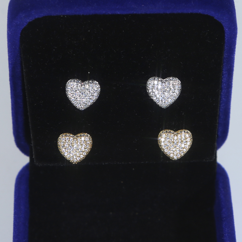 New Designer silver gold color Mini Love Heart Earrings Full Iced Out Bling Pave Cubic Zircon CZ Fashion Hip Hop Women lady Festival Gift Jewelry