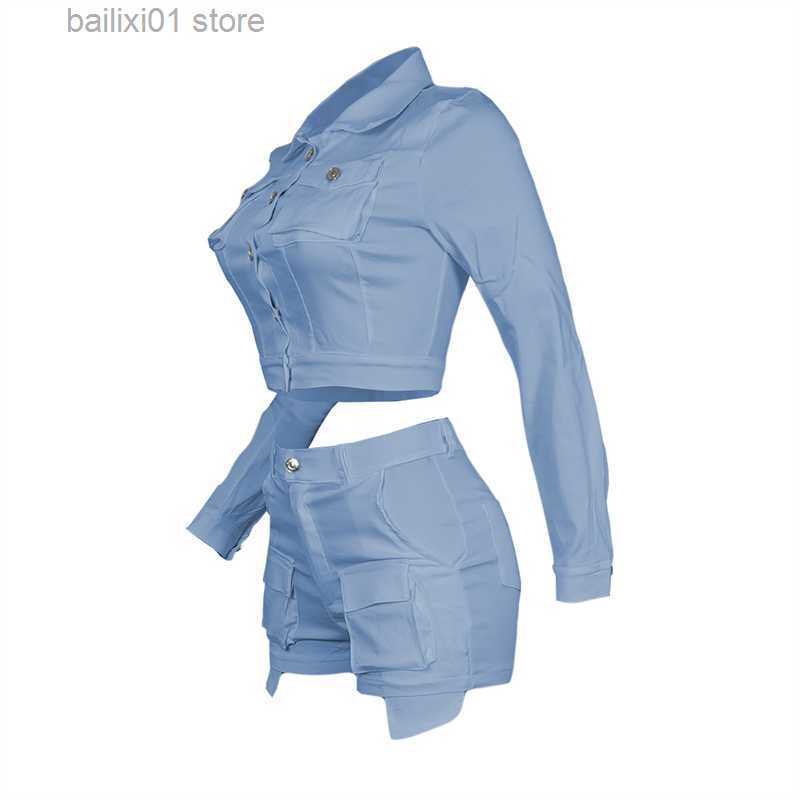 Women's Two Piece Pants Solid Multi Pockets Cargo Two Piece Set Women Turn Down Collar Long Sleeve Single Breasted Shirts Crop Top Matching Short