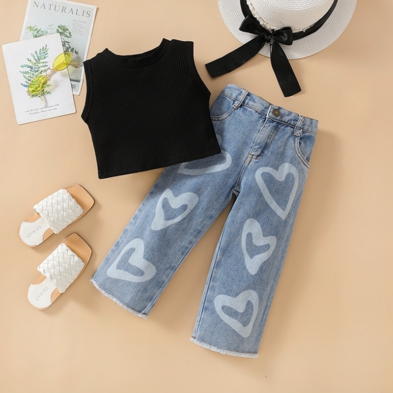 Clothing Sets Fashion Summer Infant Baby Girls 2pcs Clothes Outfits Suits Sleeveless Knitted Tank Tops Heart Print Jeans Denim Pants Kids Suit 230818