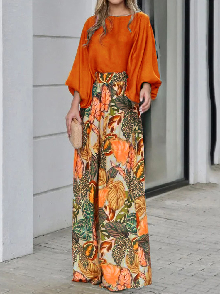 Womens Two Piece Pants Cross border Foreign Trade Summer Set Loose Lantern Sleeve Tshirt Top Printed Wide Leg 230818