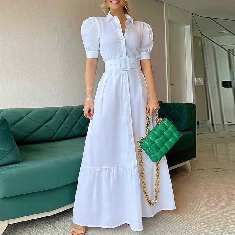 Basic Casual Dresses Vintage Puff Sleeve Women Party Maxi Dress Elegant Striped Office Lady Long Fashion Turndown Collar Button Shirt 230817