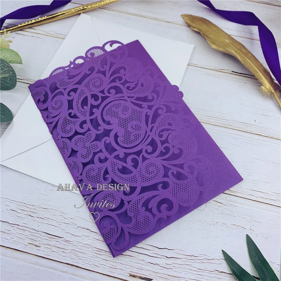 Pink Lace Flower Wedding Invitation With Envelope DIY Fold Personalized Print Greeting Cards For Bridal Shower Quinceanera PartyZZ