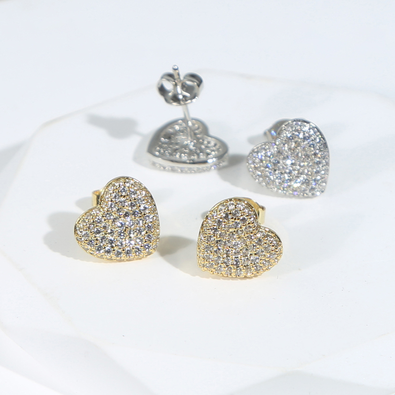 New Designer silver gold color Mini Love Heart Earrings Full Iced Out Bling Pave Cubic Zircon CZ Fashion Hip Hop Women lady Festival Gift Jewelry