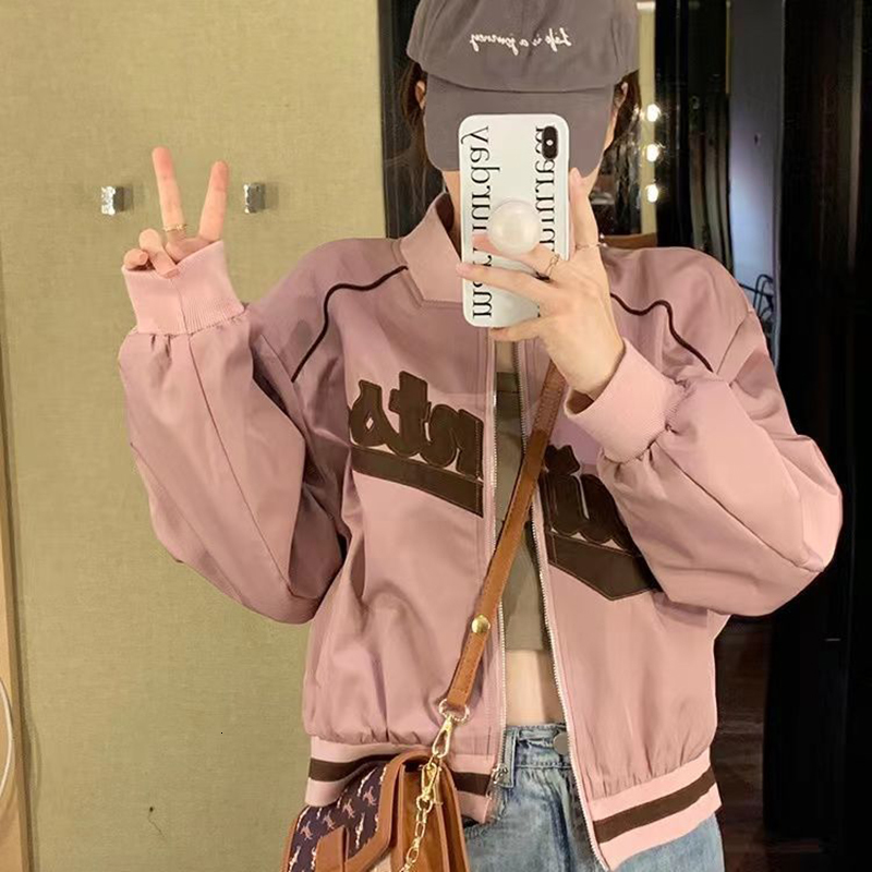 Women's Jackets Gidyq Letter Embroidery Baseball Jacket Women Fashion All Match Cropped Outerwear Harajuku Zipper Female Streetwear Thin Coat 230