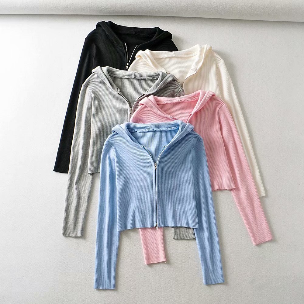 Womens Knits Tees Fall vintage zipper Knitted Cardigans Tops Women Hoodies Collar Ribbed Cropped Sweater Outwear Casual Jacket Coat Clothes 230818