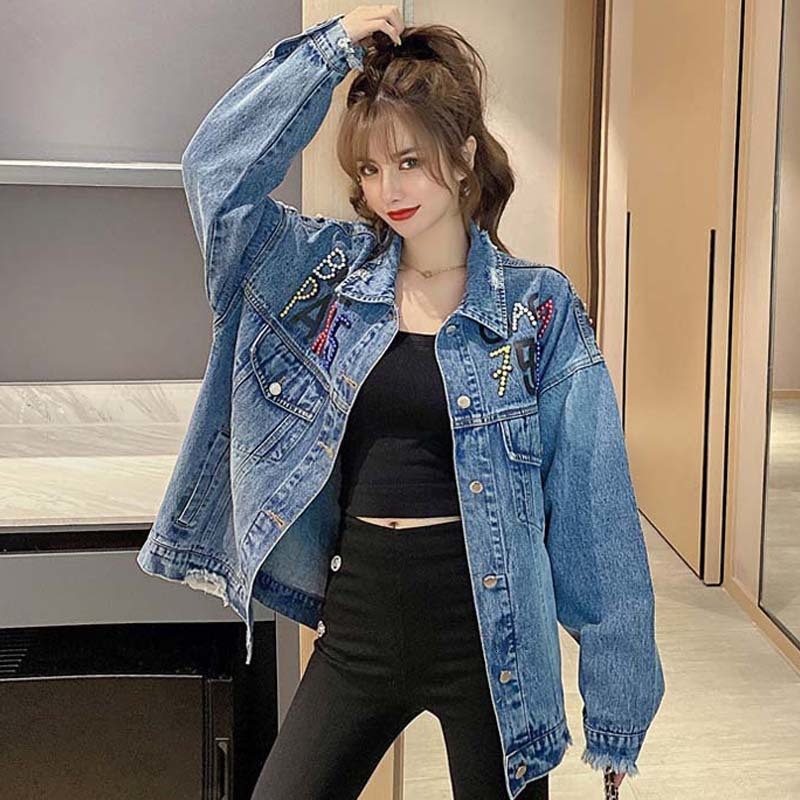 Women's Jackets Spring and Autumn Bear Diamonds Denim Jackets for Women Pearl Letter Jean Coats and Jackets Oversize Streetwear Woman 230817