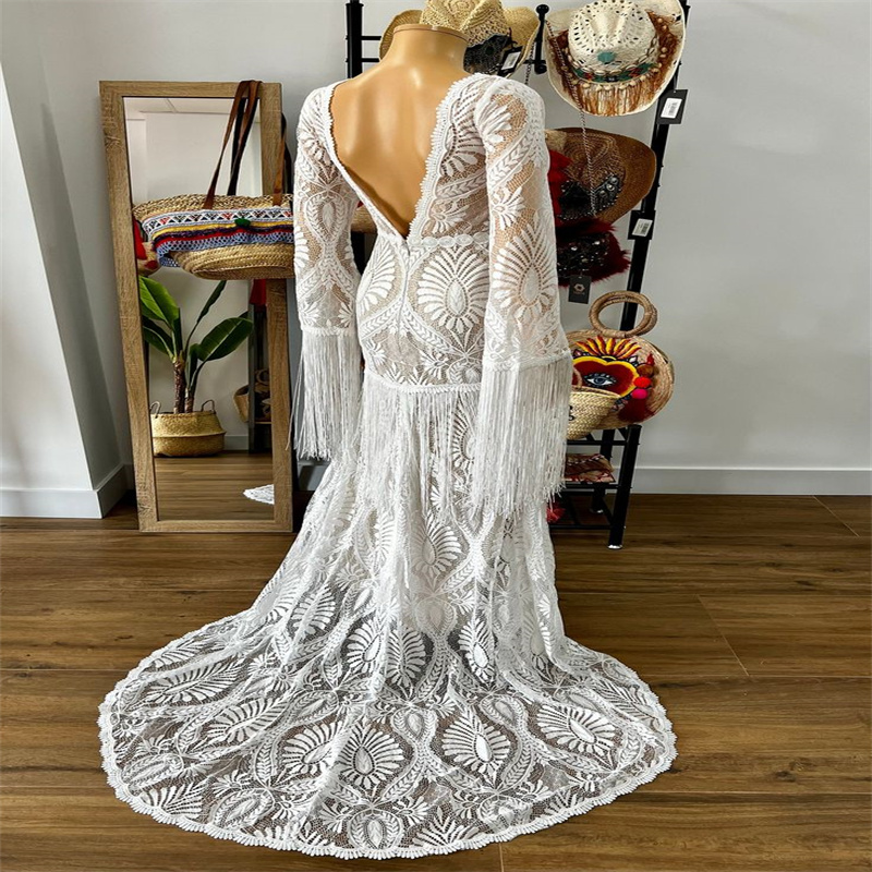 Celtic Crochet Lace Boho Wedding Dress 2023 Long Sleeve Backless Plus Size Beach Bohemian Bride Dress Chic Fairy Korea Bridal Gowns vestido de novia r