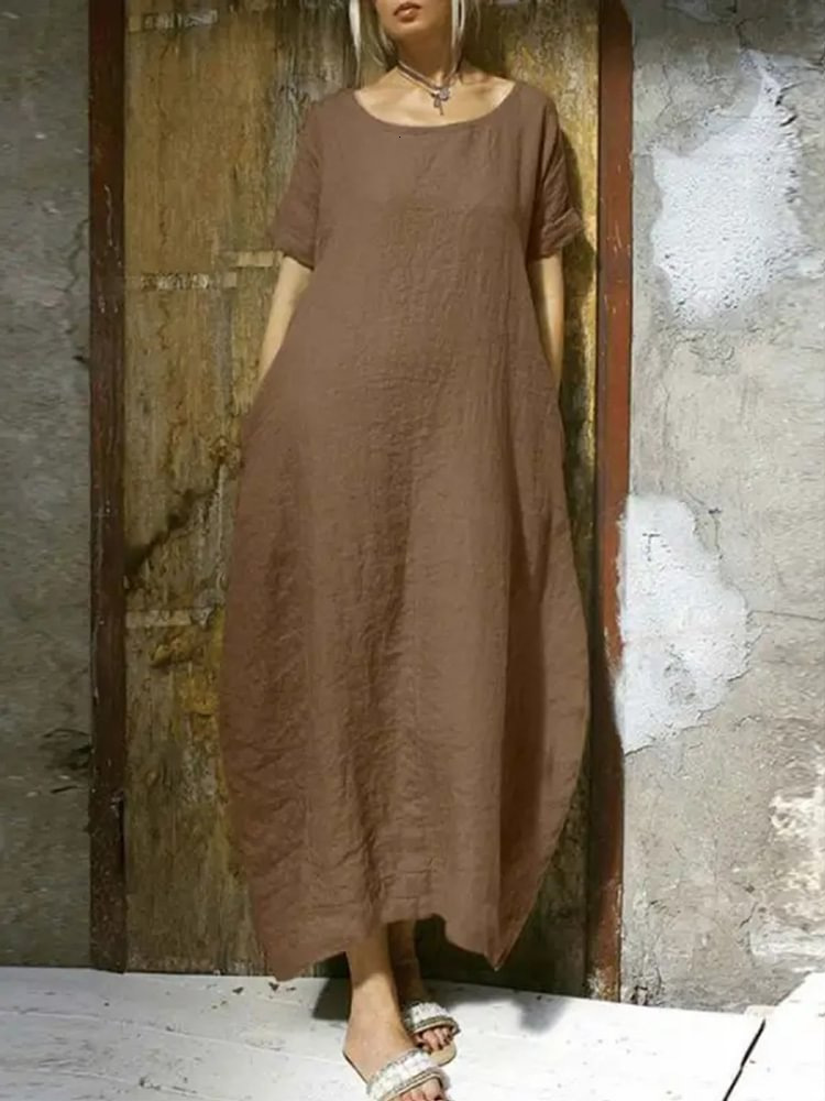 Basic Casual Dresses Summer Women Dress Solid Color ONeck Pocket Short Sleeve Loose Elegant Vintage Fashion Long 230817