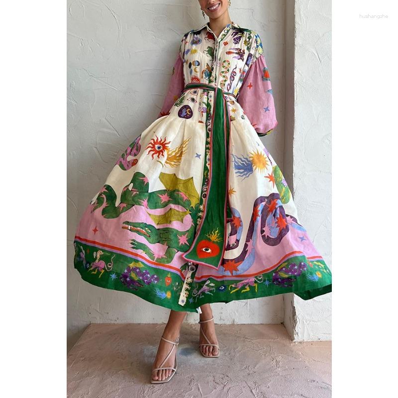Casual Dresses Vintage Printed Lantern Sleeve A-line Dress For Women Elegant Female Long Holiday Summer Robe