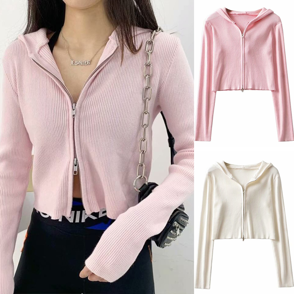 Womens Knits Tees Fall vintage zipper Knitted Cardigans Tops Women Hoodies Collar Ribbed Cropped Sweater Outwear Casual Jacket Coat Clothes 230818