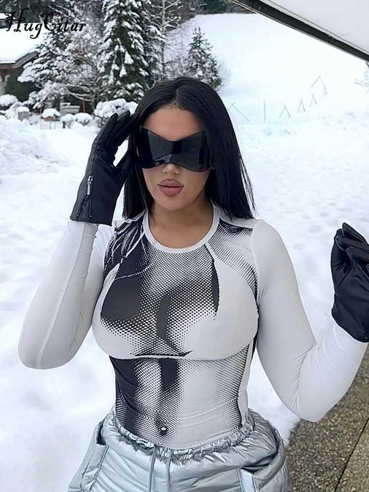 Women's T-Shirt Hugcitar 3D Print Long Sleeve Patchwork Sexy Slim Crop Top T-Shirt 2023 Spring Women Fashion Y2K Clothes Streetwear Club Causal T