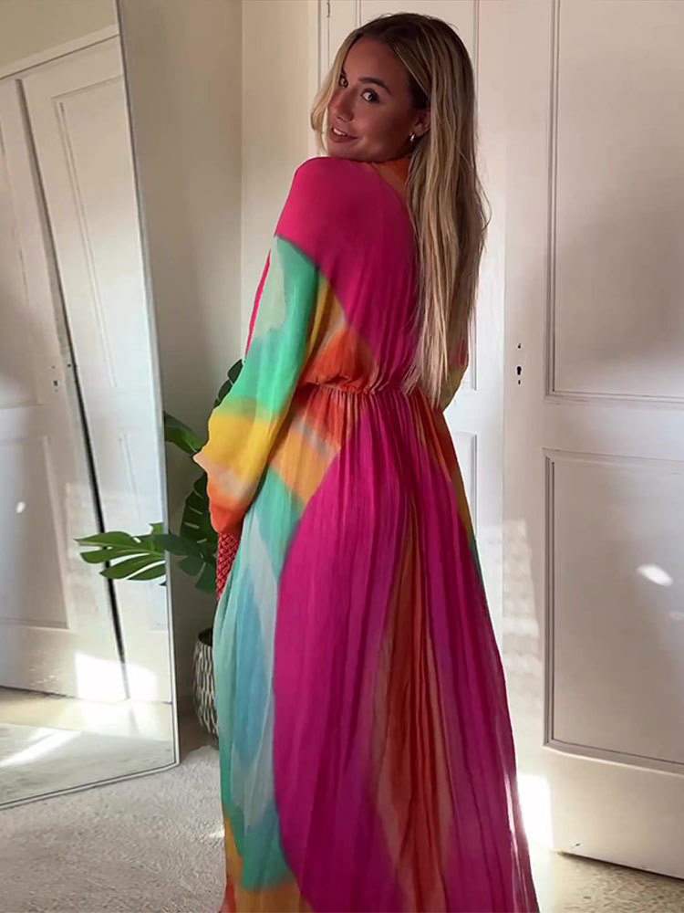 Basic Casual Dresses Women Summer Tie Dye Contrasting Color Dress Holiday Female V Neck Lace Up Loose Long Lady Beachwear Vestido 230817